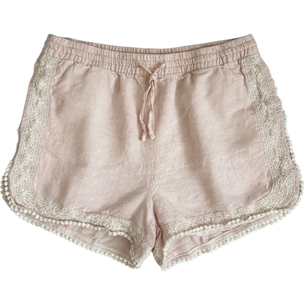 Cynthia Rowley Crochet Lace Shorts M Striped Linen Pompoms Cottagecore Coastal